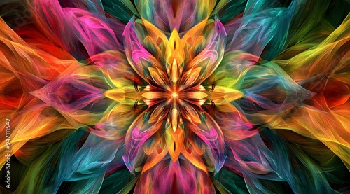 Abstract Flower with Vibrant Colors and Swirling Lines photo