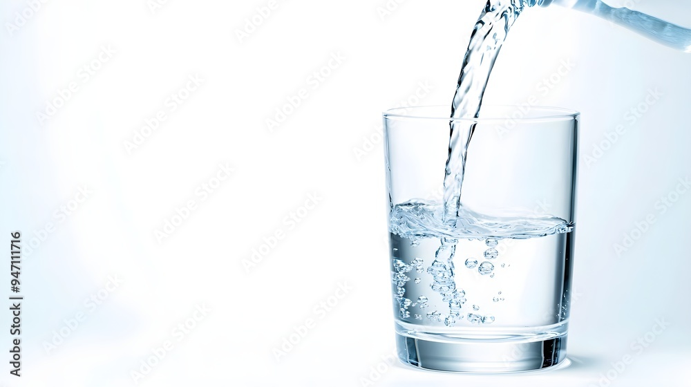 Pouring Fresh Water into Glass on White Background