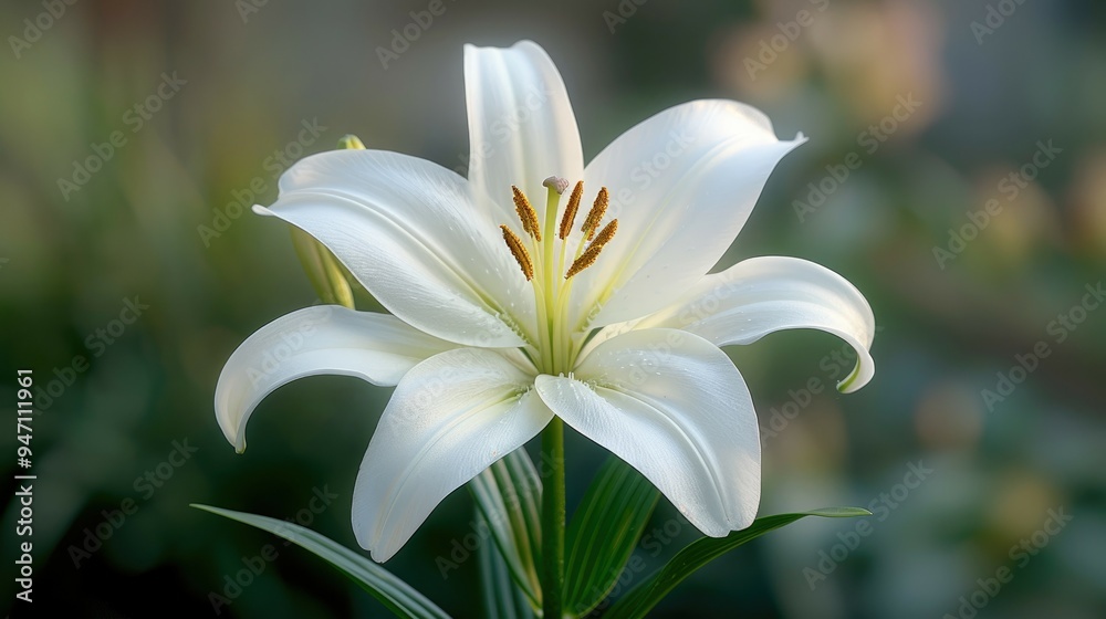 Fototapeta premium A Single White Lily with Yellow and Orange Stamens