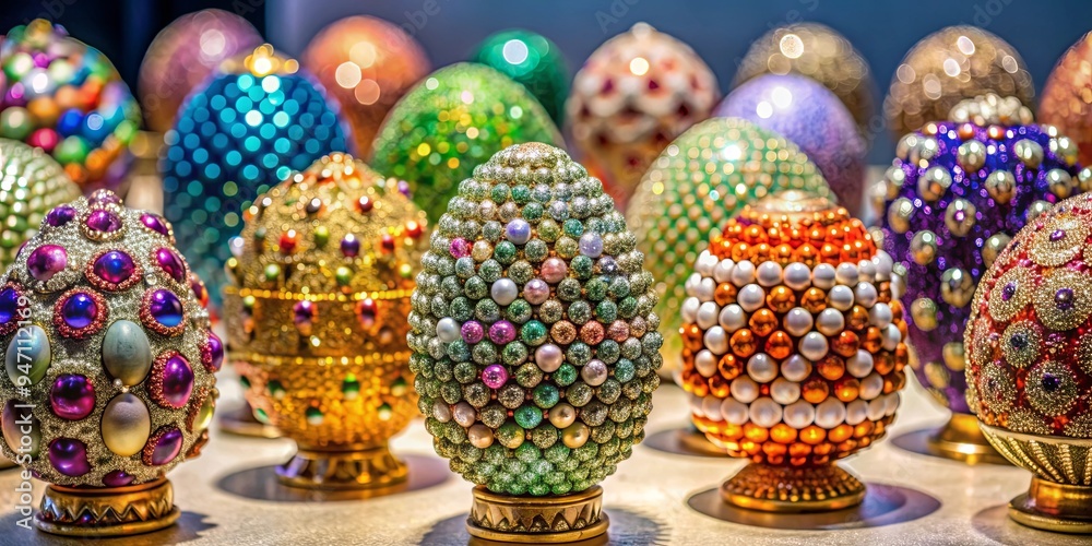 Lavish display of gemstone-filled Easter eggs at a luxurious gala event, Easter, extravaganza, gemstones, vibrant, celebration Lavish display of gemstone-filled Easter eggs at a luxurious gala event, Easter, extravaganza, gemstones, vibrant, celebration