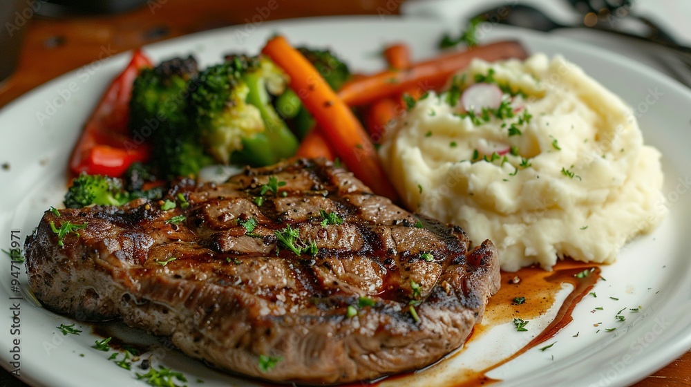 Grilled Steak with Mashed Potatoes, Carrots, and Broccoli Grilled Steak with Mashed Potatoes, Carrots, and Broccoli