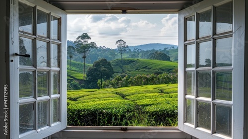 Window View of a Lush Green Tea Plantation