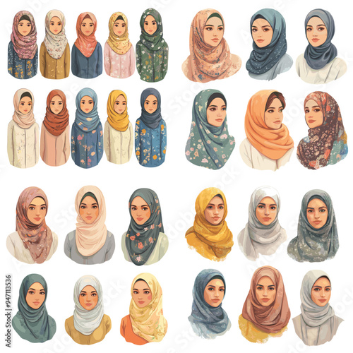 A collection of women wearing different colored head scarves. The collection includes a variety of colors and patterns, showcasing the diversity of the women and their unique styles