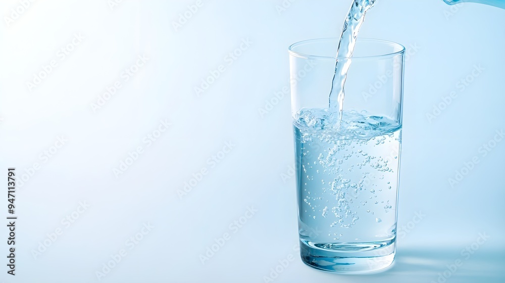 Pouring Water into Glass on Blue Background Pouring Water into Glass on Blue Background