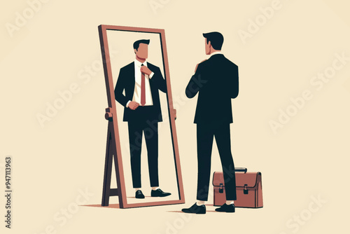 Illustration of a businessman adjusting his tie while looking at himself in the mirror