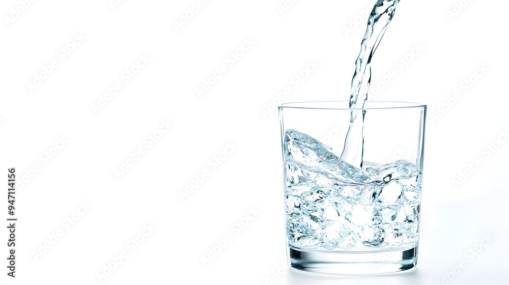 Pouring Water into Glass, Refreshing Drink, White Background Pouring Water into Glass, Refreshing Drink, White Background