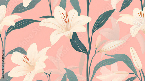 Beige, pink and green lily floral seamless background with flowers