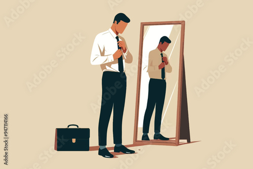 Illustration of a businessman adjusting his tie while looking at himself in the mirror, a symbol of customer trust starting from appearance