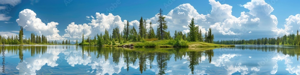 Tranquil lake reflecting a pine forest under a sky filled with large clouds Tranquil lake reflecting a pine forest under a sky filled with large clouds