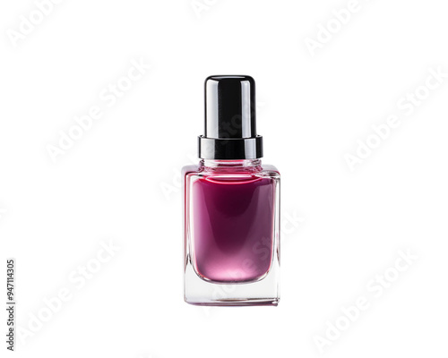 A sleek bottle of purple nail polish with a shiny black cap, perfect for beauty and cosmetic designs.