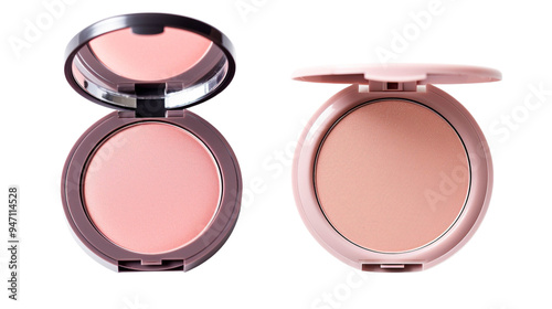 Two elegant blush compacts with soft pink tones, perfect for enhancing facial features and adding a natural glow. photo