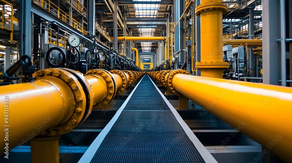 A large industrial building with pipes and a yellow ceiling A large industrial building with pipes and a yellow ceiling