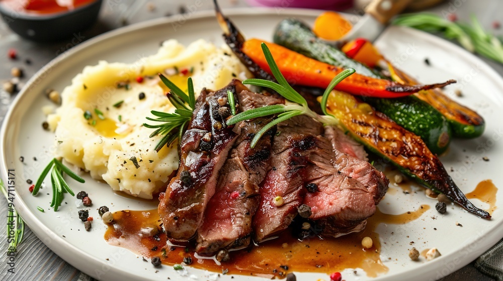 Grilled Steak with Mashed Potatoes, Roasted Vegetables, and Rosemary Grilled Steak with Mashed Potatoes, Roasted Vegetables, and Rosemary