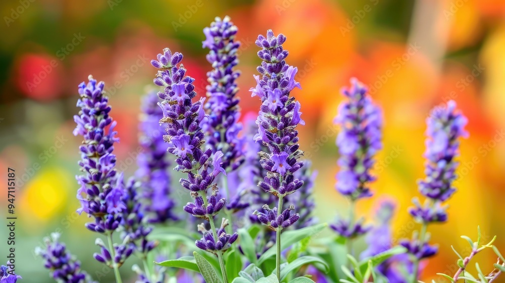 Fototapeta premium Close-up of Lavender Flowers with a Blurry Orange Background