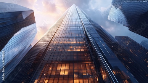 Wallpaper Mural Close-up of construction of futuristic business center, skyscraper with indoor lights still on Torontodigital.ca