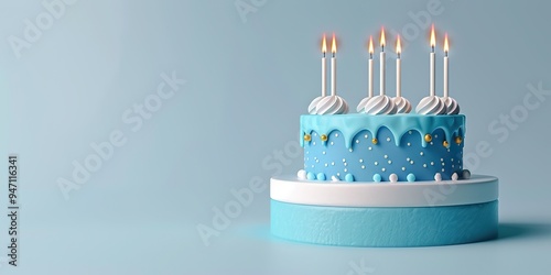 A blue birthday cake with lit candles and copy space