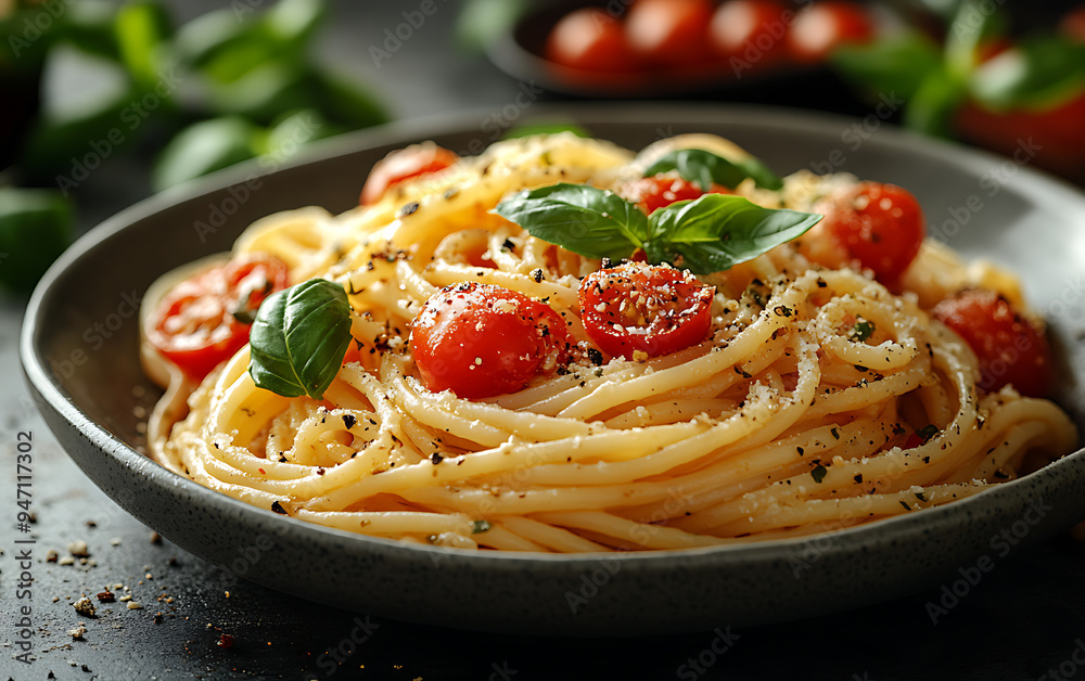 Delicious Italian Pasta: Fresh Tomatoes & Basil on White Background