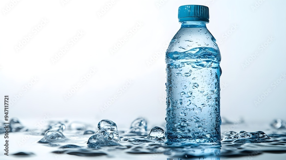 Refreshing Water Bottle with Ice Cubes on White Background Refreshing Water Bottle with Ice Cubes on White Background