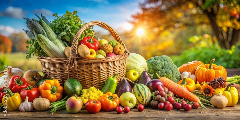 An abundant cornucopia display of fresh and healthy organic fruits and vegetables from a farm , harvest, abundance, organic An abundant cornucopia display of fresh and healthy organic fruits and vegetables from a farm , harvest, abundance, organic