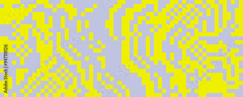 Pixelated neon random texture. Yellow and grey dithered background. Digitalized warped stripes for banner, poster, flyer, brochure, booklet, leaflet. Vector rasterized squiggle overlay wallpaper