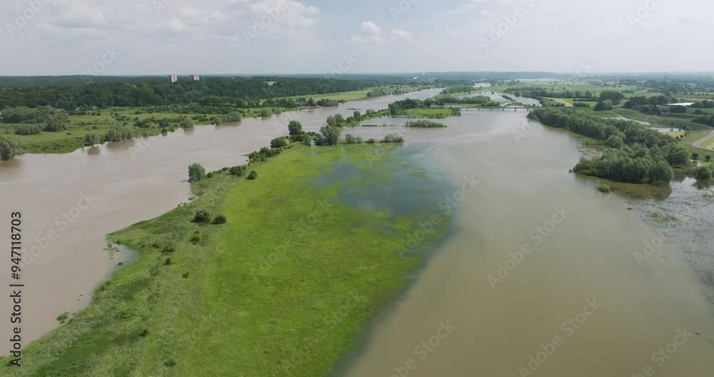 Aerial view of grassland and flooded floodplains of river Nederrijn during high water in spring, Randwijk, Netherlands. Aerial view of grassland and flooded floodplains of river Nederrijn during high water in spring, Randwijk, Netherlands.