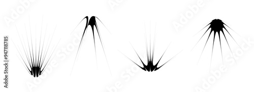 Black abstract spiky element set. Thin thorn semicircle shapes and angular twinkles bundle. Futuristic spokes objects for poster, collage, banner, logo, card, icon, label, sticker, badge. Vector