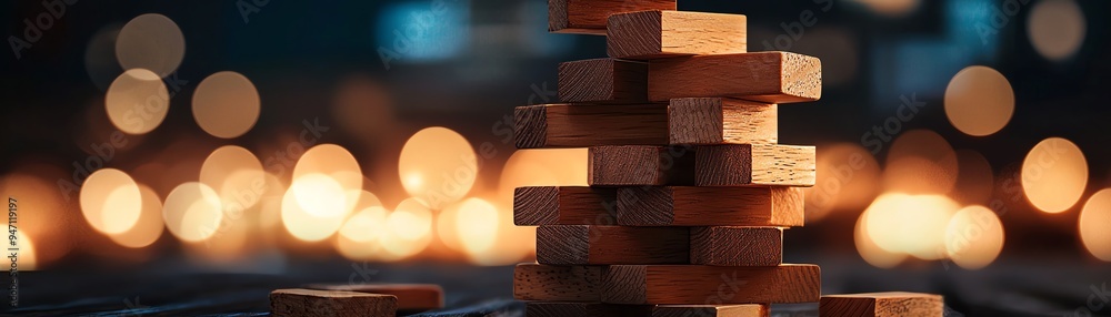 A close-up view of stacked wooden blocks, creating a game setup with a blurred light background, perfect for playful or creative themes. A close-up view of stacked wooden blocks, creating a game setup with a blurred light background, perfect for playful or creative themes.