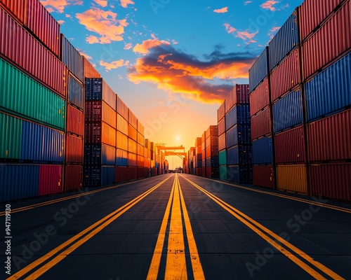 Wallpaper Mural Vibrant sunset view of shipping containers lined along a road, creating a striking visual contrast in a port setting. Torontodigital.ca