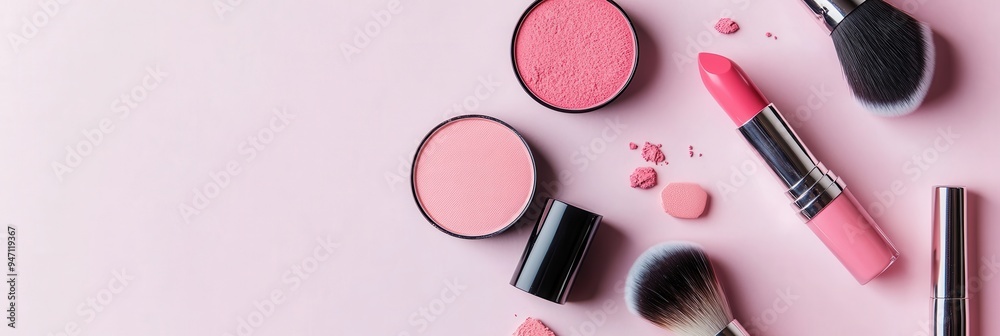 A clean setup featuring cosmetic products like lipstick and brushes on a soft pastel background, perfect for beauty lovers. Generative AI A clean setup featuring cosmetic products like lipstick and brushes on a soft pastel background, perfect for beauty lovers. Generative AI