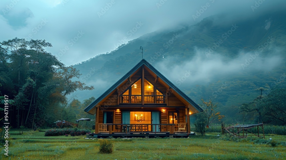 A Cabin in the Mist at Twilight A Cabin in the Mist at Twilight