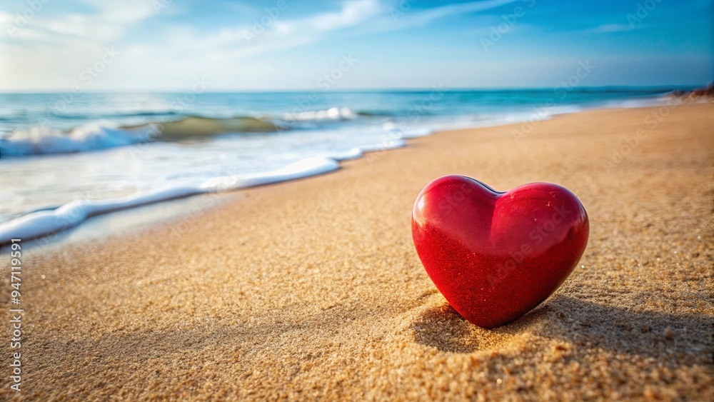 Red stone shaped like heart lying on sandy beach by the sea , love, romantic, Valentine's Day, nature, coastline Red stone shaped like heart lying on sandy beach by the sea , love, romantic, Valentine's Day, nature, coastline