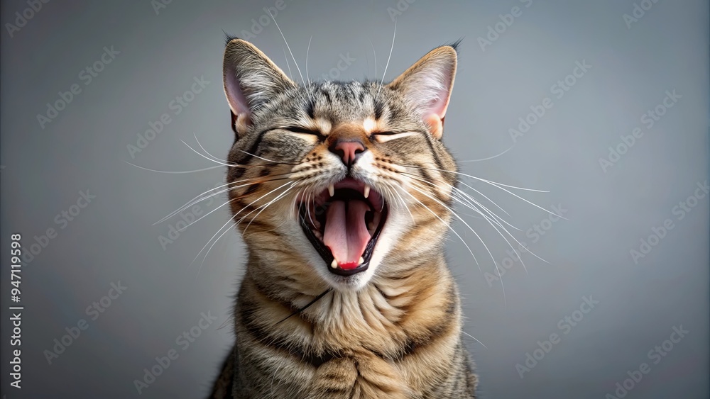 Obraz premium A cute cat with eyes closed, mouth wide open in a big yawn, cat, pet, animal, feline, cute, domestic, yawning, sleepy, tired, adorable