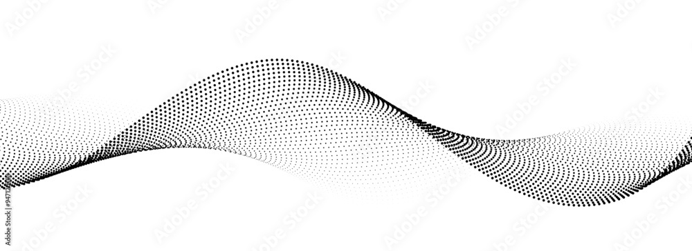 Dotted wavy line background. Black halftone undulate pattern. Curved dashed gradient design element for poser, banner, presentation, booklet. Abstract flowing particle wave wallpaper. Vector