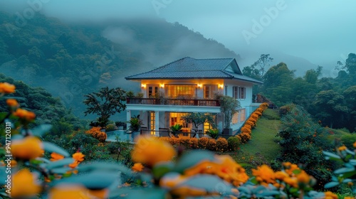 A Misty Mountaintop Home with a View of Lush Greenery