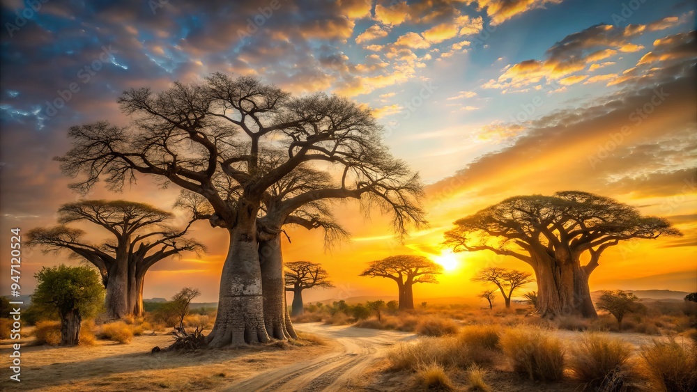 Obraz premium Gnarled baobab branches stretch towards the sky, like nature's cathedral, in a serengeti landscape dotted with dusty plants, where golden sunset light reveals a soft glow.