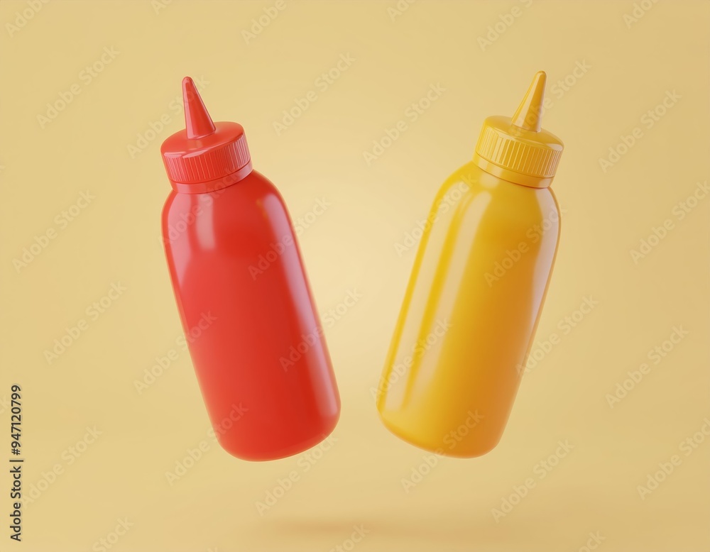 3D bottle of ketchup and a bottle of mustard are floating against a yellow background, 3D illustration 3D bottle of ketchup and a bottle of mustard are floating against a yellow background, 3D illustration