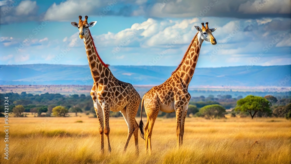 Obraz premium Two giraffes standing tall in the African savannah , Giraffes, African, Wildlife, Nature, Tall, Animals, Safari, Walking
