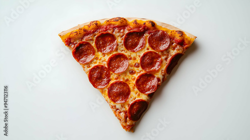 A single slice of pepperoni pizza featuring melted cheese, crispy crust, and evenly distributed pepperoni slices.