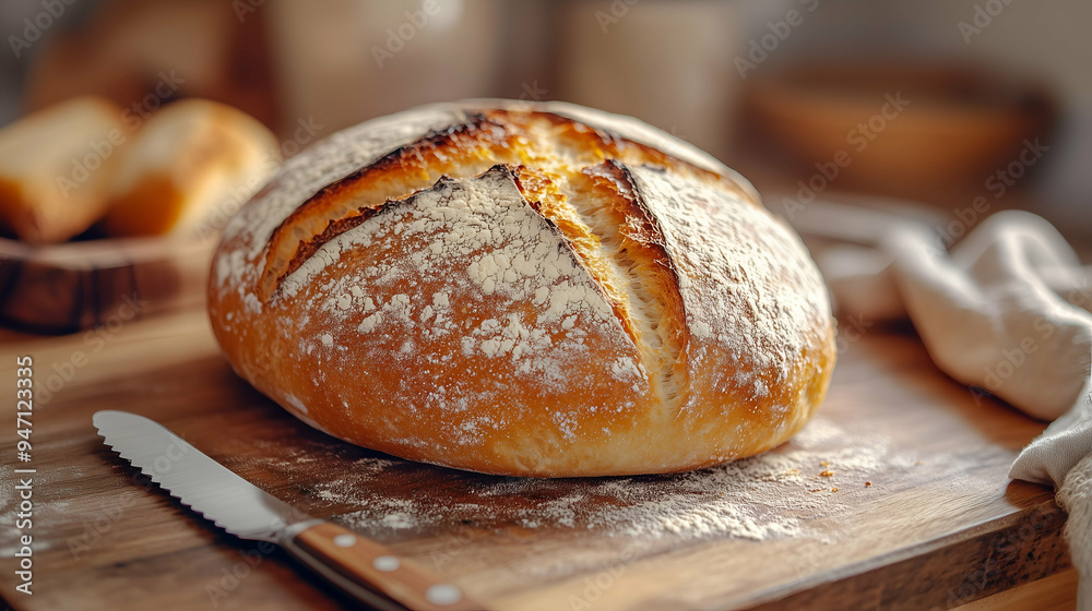 Freshly baked artisan bread with a golden crust and flour dusting, resting on a wooden cutting board. Freshly baked artisan bread with a golden crust and flour dusting, resting on a wooden cutting board.