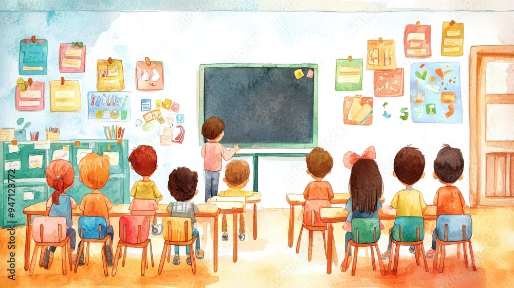 A colorful classroom scene with students attentively watching a teacher at a chalkboard, showcasing a vibrant learning environment. A colorful classroom scene with students attentively watching a teacher at a chalkboard, showcasing a vibrant learning environment.