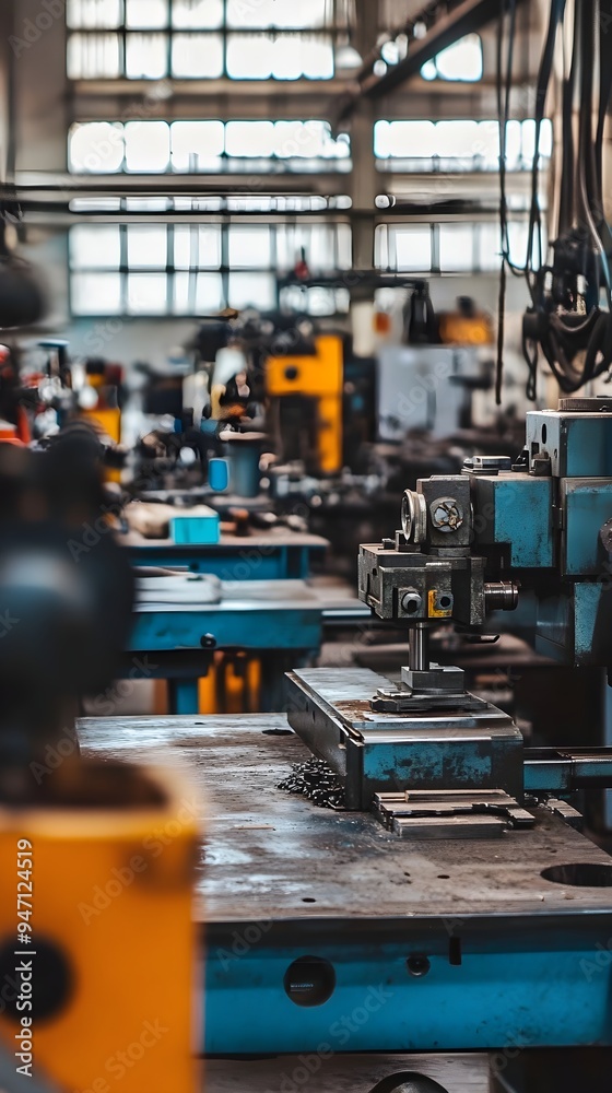 Naklejka premium A well-organized metalworking workshop filled with tools and machinery, highlighting the environment of craftsmanship
