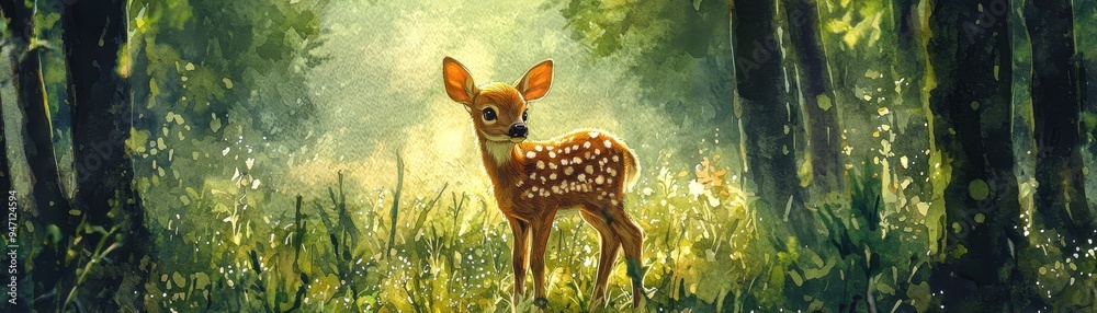 A serene deer stands gracefully in a sunlit forest, surrounded by lush greenery and delicate flowers, embodying nature's tranquility.