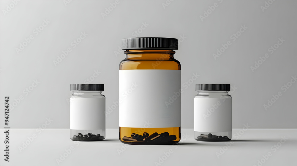 Glass Bottle with Black Capsules and White Label Mockup Glass Bottle with Black Capsules and White Label Mockup