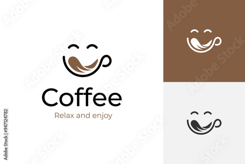 coffee mug with happy face logo design for beverage cafes brand logo template