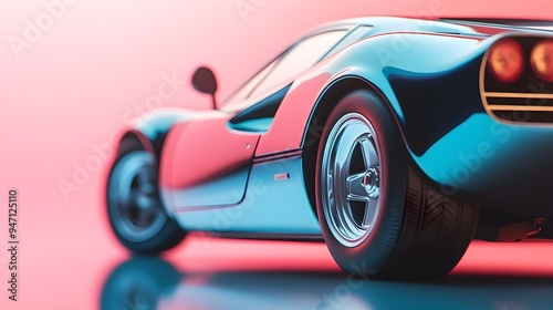 A close-up view of a realistic diecast sports car, highlighting its sleek design and shiny finish against a soft pastel backdrop photo