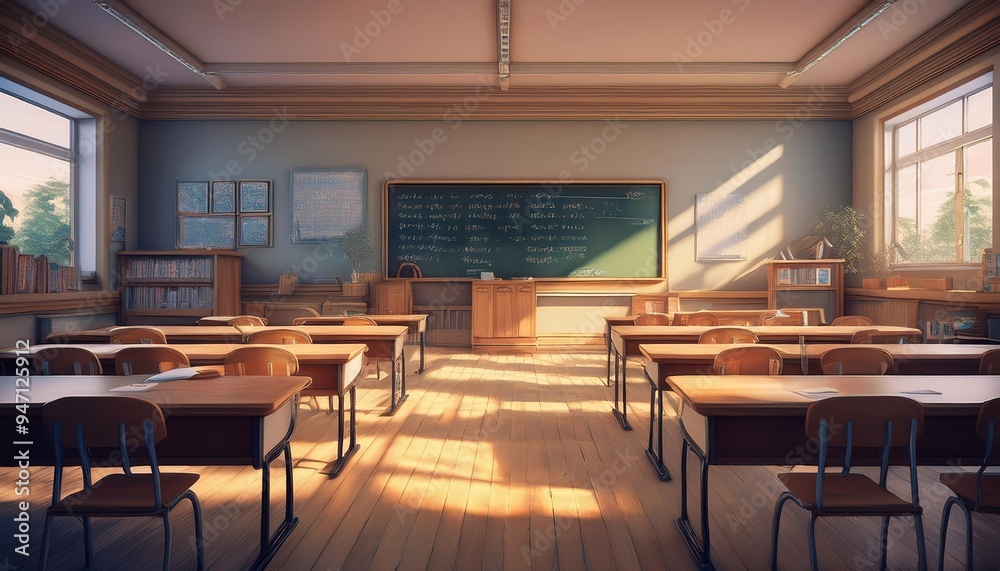 Empty desks sit in a classroom bathed in morning sunlight Empty desks sit in a classroom bathed in morning sunlight