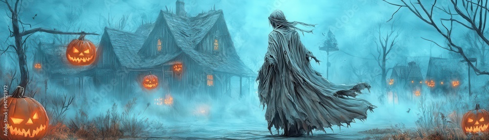 Fototapeta premium A ghostly figure in a flowing, tattered gown, attending a haunted festival in a decayed village, surrounded by fog and eerie lights, gothic horror, dark colors, watercolor