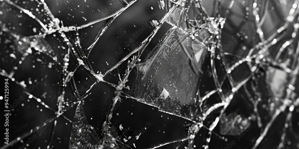 A broken glass window with water droplets on the surface, suitable for use in scenes of damage or decay A broken glass window with water droplets on the surface, suitable for use in scenes of damage or decay