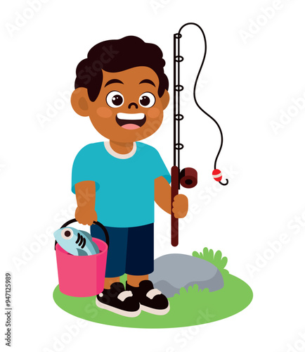 cartoon boy and fishing rod