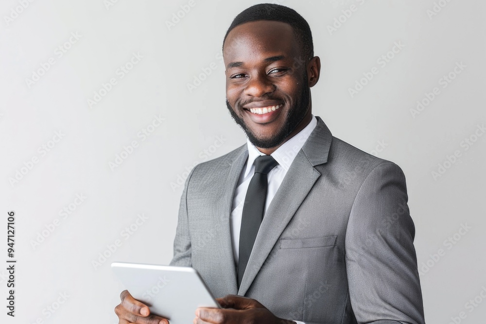 A businessman sitting at a desk or table holding a tablet computer, suitable for business or technology related concepts A businessman sitting at a desk or table holding a tablet computer, suitable for business or technology related concepts